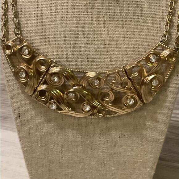 Gold Tone Clear Rhinestone Double Chain Scrolling Filigree Bib Necklace - Picture 3 of 5